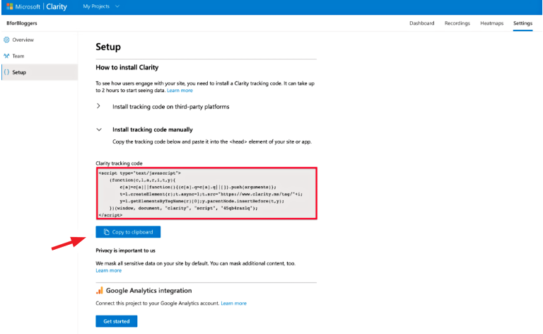 Get the Clarity tracking code