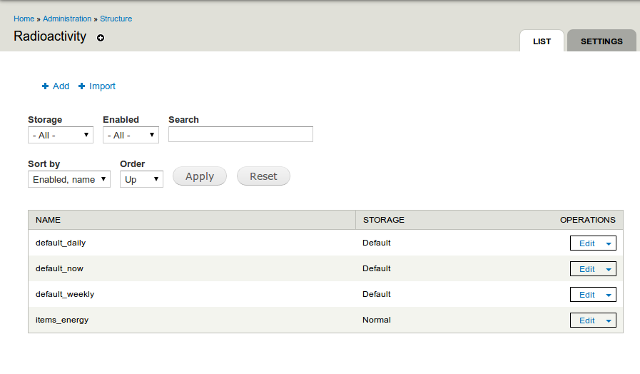 radioactivity module settings