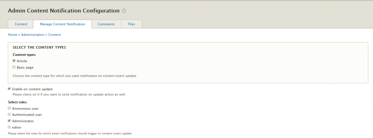 Admin Content Notification Drupal module