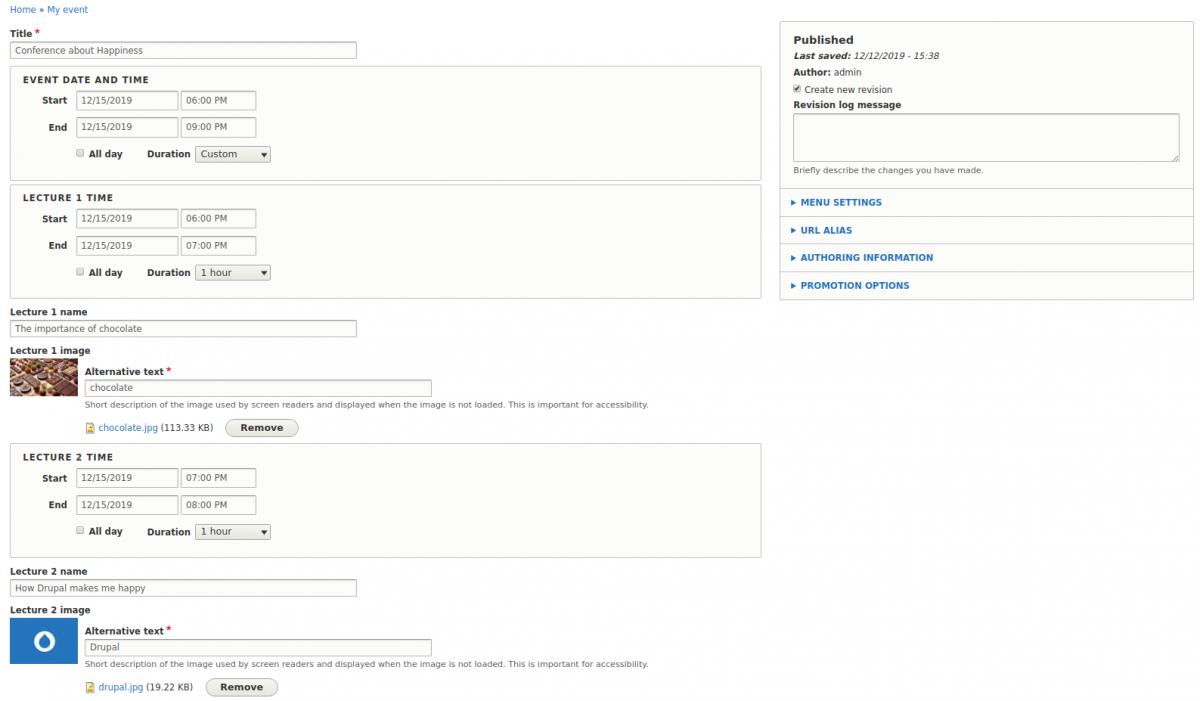 Admin template for adding event schedules with the Smart Date module in Drupal 8