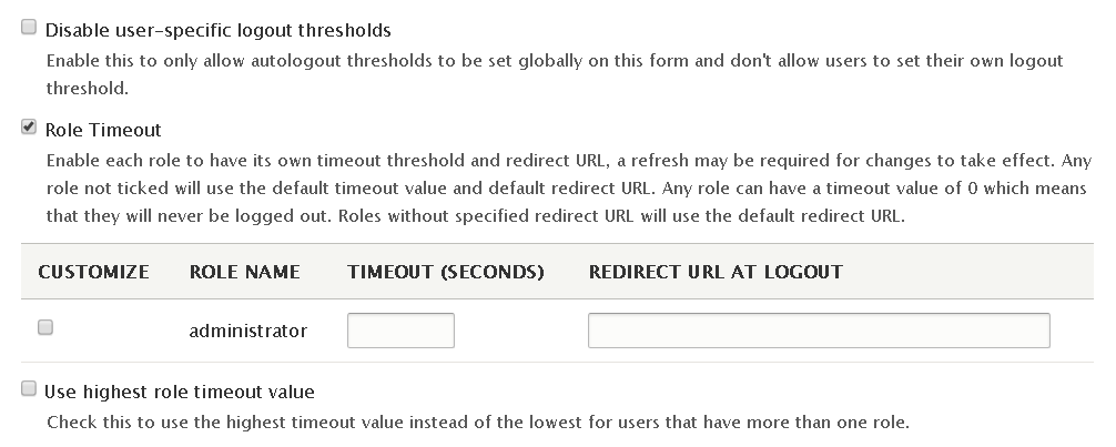 Automated Logout Drupal module - settings for user-specific and role-specific timeouts