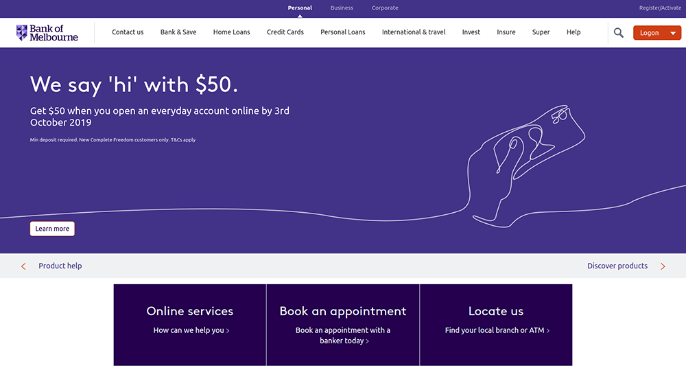 Bank of Melbourne’s website