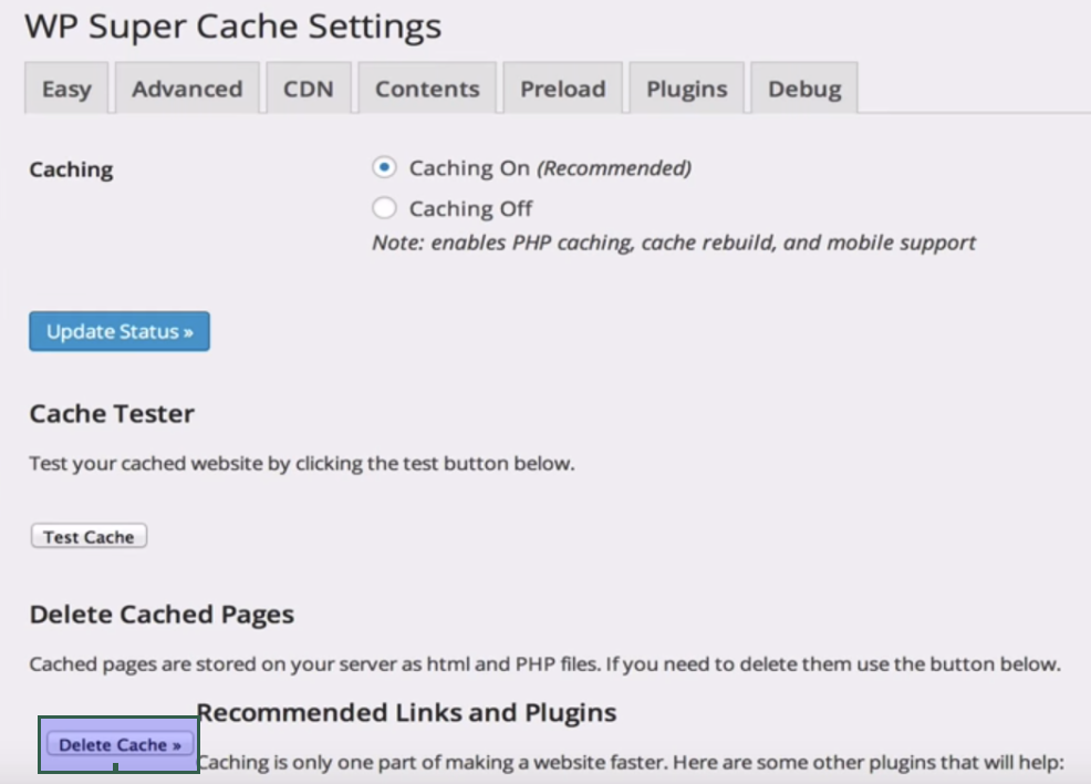 Clear the cache with the Super Cache WordPress plugin