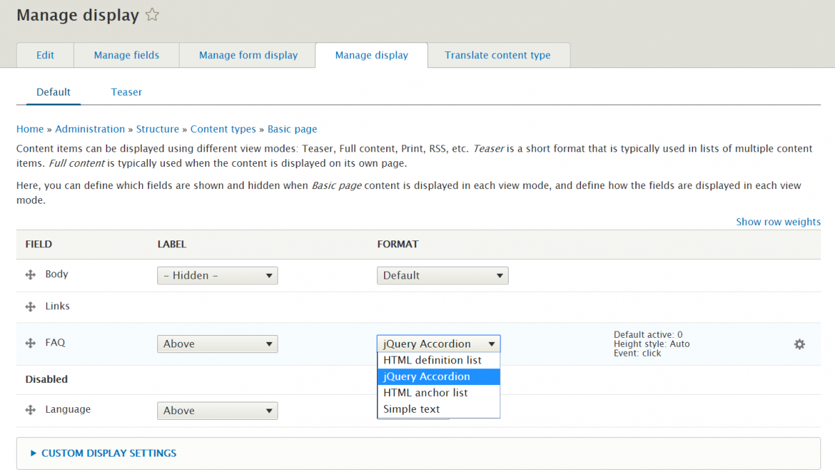 Configuring the display of FAQ in Drupal 8