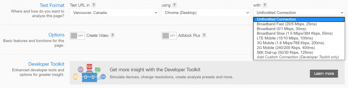 Connection setting in GTmetrix page speed tool