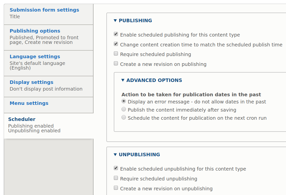 Enabling scheduled publishing & unpublishing for a content type with the Drupal Scheduler module