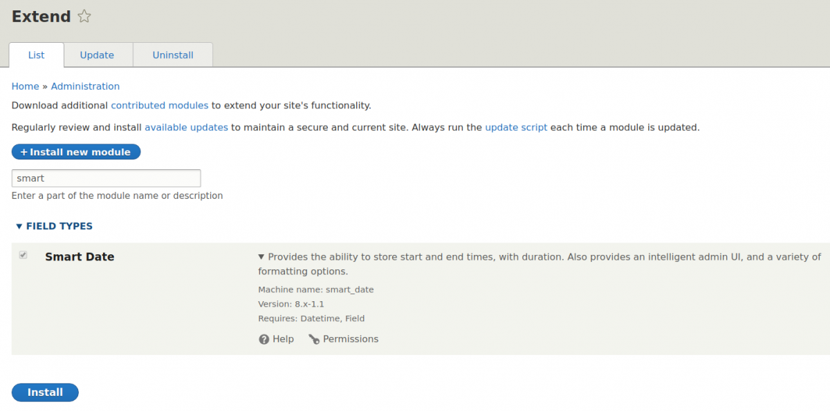 Enabling the Smart Date module in Drupal 8