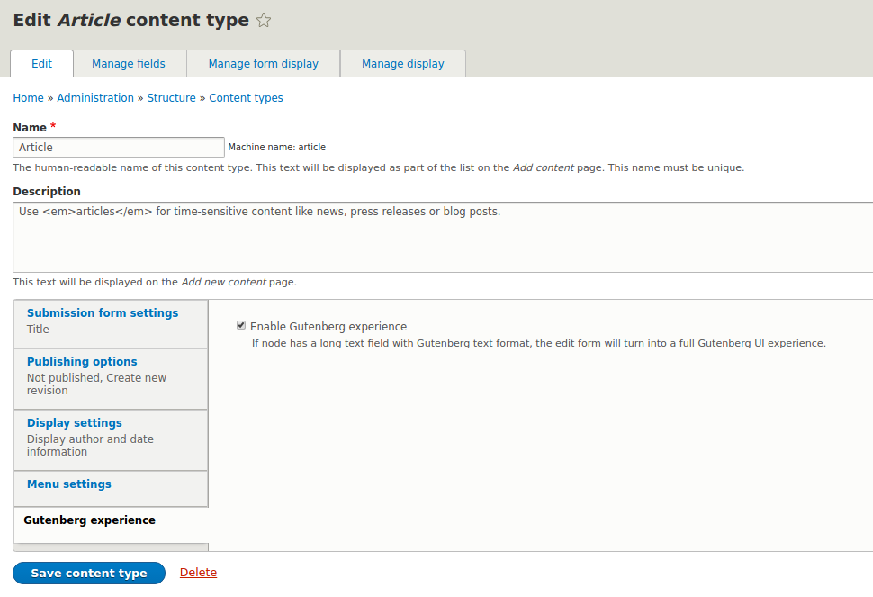 Enable Gutenberg editor for content type in Drupal 8