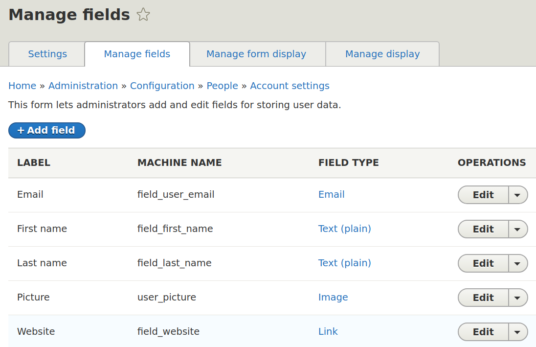 Managing fields in Drupal 8 profiles