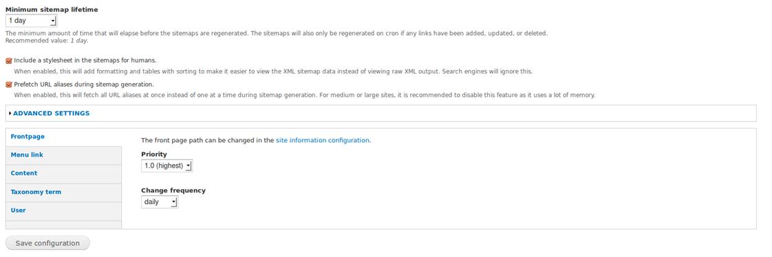 sitemap settings