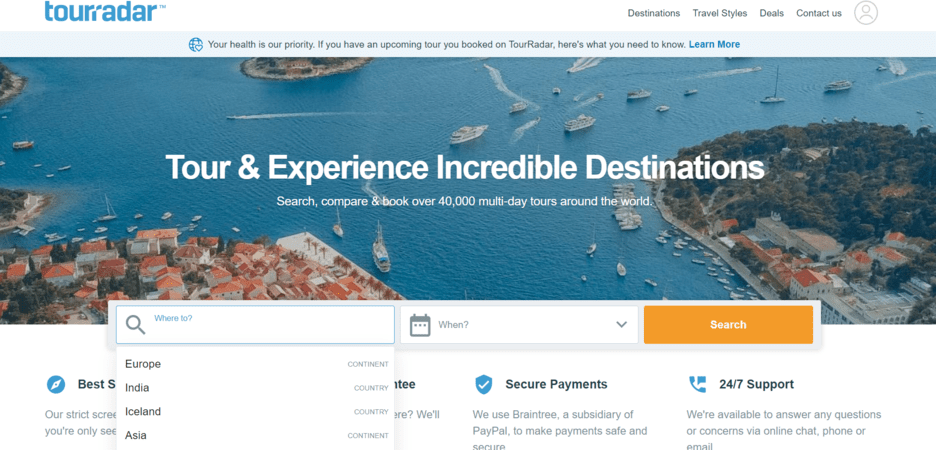 TourRadar - online travel marketplace examples