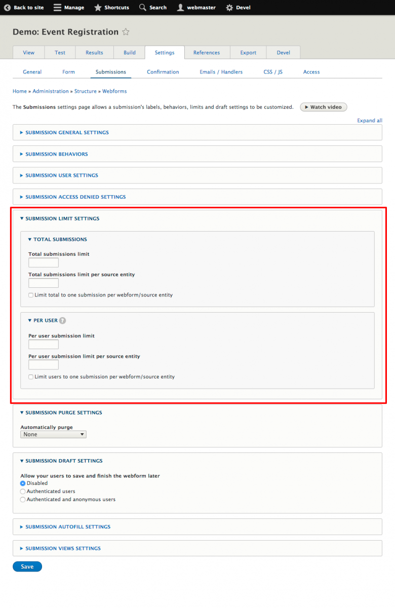 Webform module supports submission and option limits